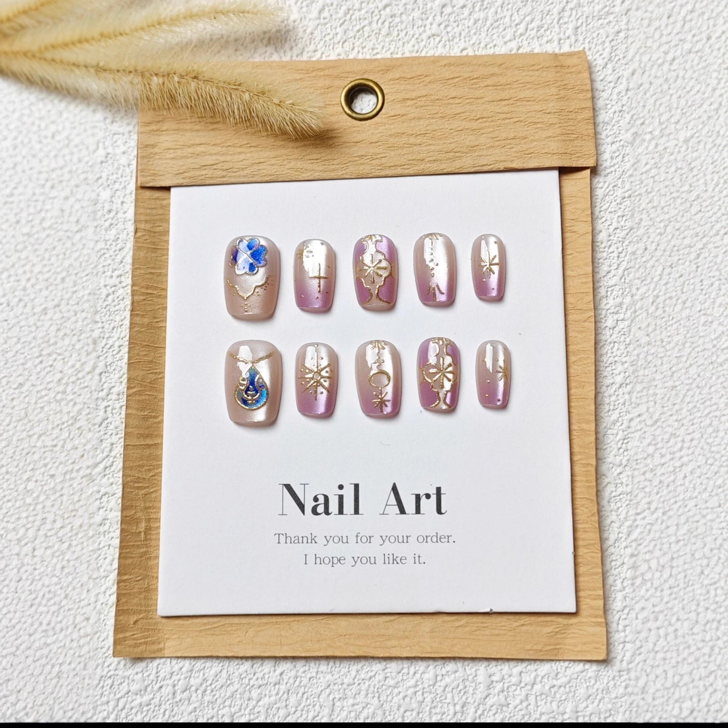 Whimsical Floral Short Square Pink Ombre with Gold Accents Nail Set