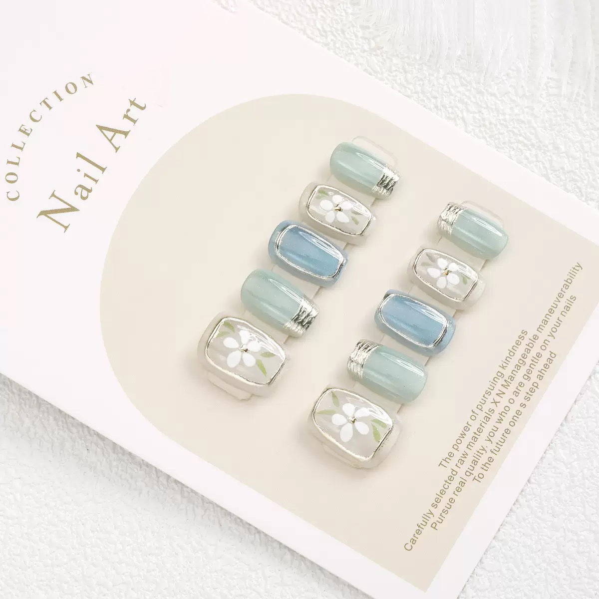 Garden Bliss Short Square Blue Green with Floral Detail Press On Nail Set