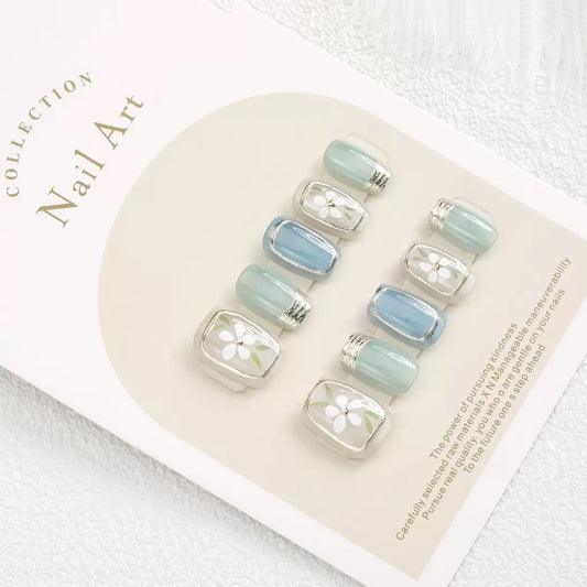 Garden Bliss Short Square Blue Green with Floral Detail Press On Nail Set