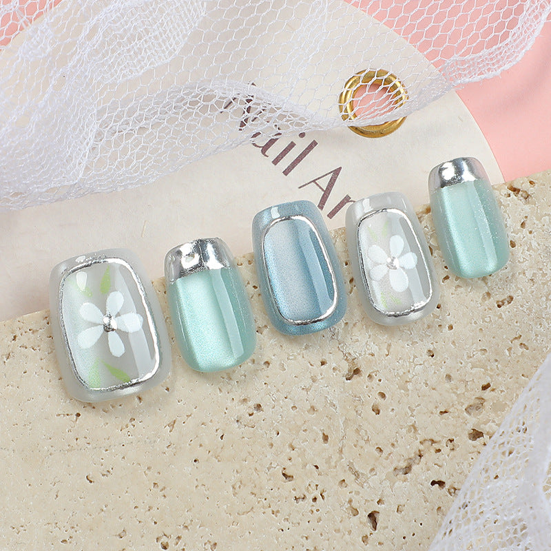 Floral Dreams Short Square Aqua with Elegant Silver Accents Press On Nail Set