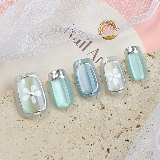 Floral Dreams Short Square Aqua with Elegant Silver Accents Press On Nail Set