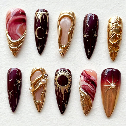Celestial Elegance Long Stiletto Burgundy Gold Accented Nail Set