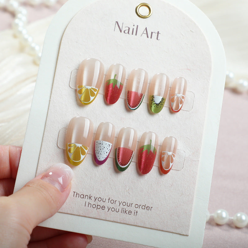 Fruit Fiesta Medium Almond Colorful Watermelon and Strawberry Nail Set