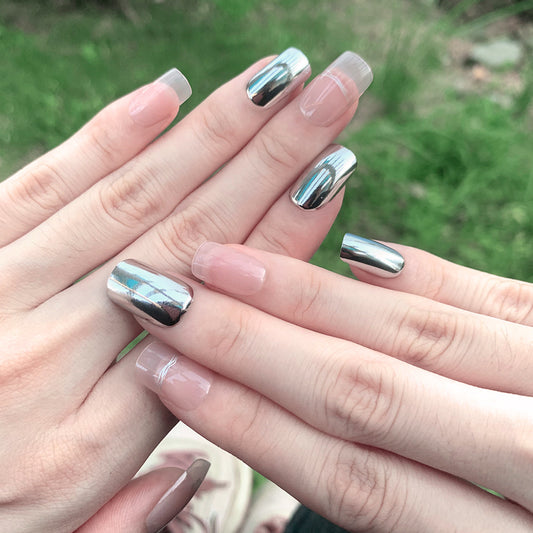 Glamorous Metallic Fantasy Long Square Clear and Silver Press On Nail Set with Reflective Shine