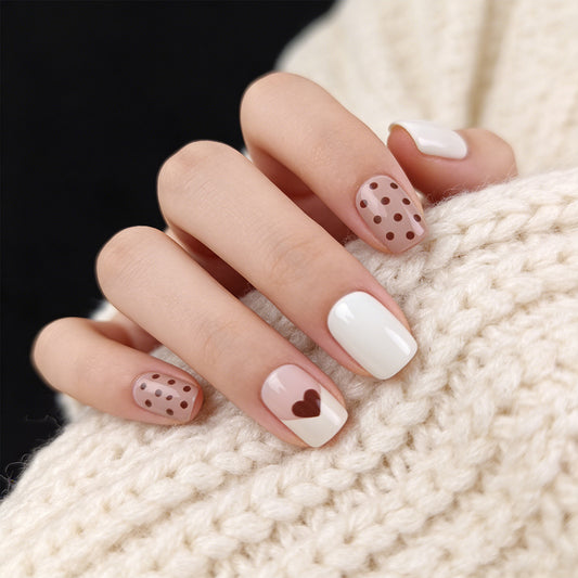 Cozy Romance Short Square Soft Beige with Heart Accent Press On Nail Set