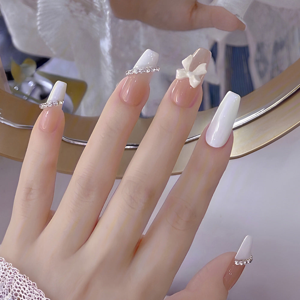 Whimsical Elegance Long Coffin White with Floral Accent Nail Set