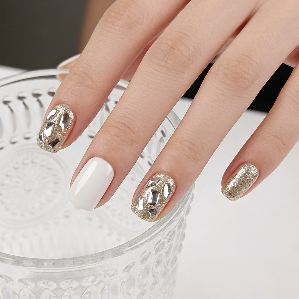 Glamorous Elegance Short Square White with Shimmering Gold Accent Press On Nail Set