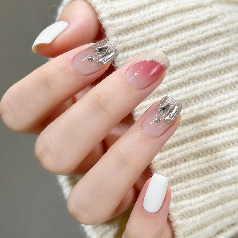 Glamorous Short Square White with Glittering Accent Press On Nail Set