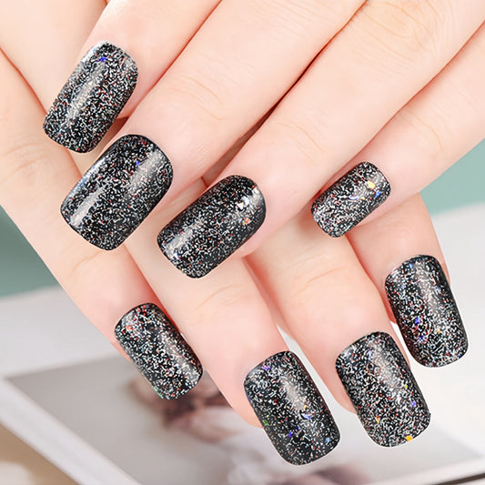 Glamorous Night Sky Long Coffin Black Glitter Press On Nail Set with Shimmering Multi-Color Sparkles