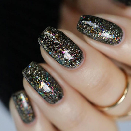 Glamorous Starry Night Long Coffin Black Glitter Press On Nail Set with Iridescent Sparkle