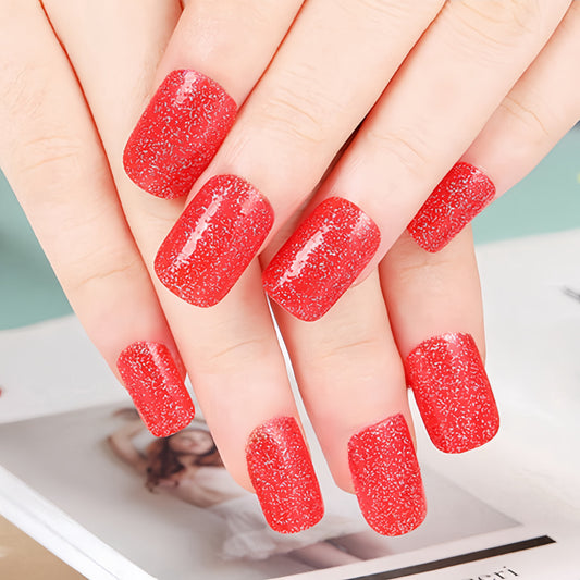 Glamourous Sunset Square Red Glitter Press On Nail Set Long Length Shimmering Sparkle Finish