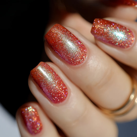 Glittering Sunset Press On Long Nail Set 1 Square Red and Gold Ombre with Holographic Sparkle