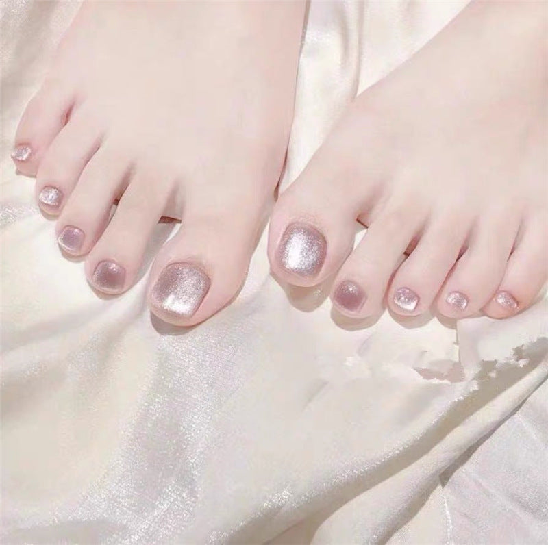 Elegant Bridal Short Round Pearly Pink Press On Toenail Set with Glitter Accent