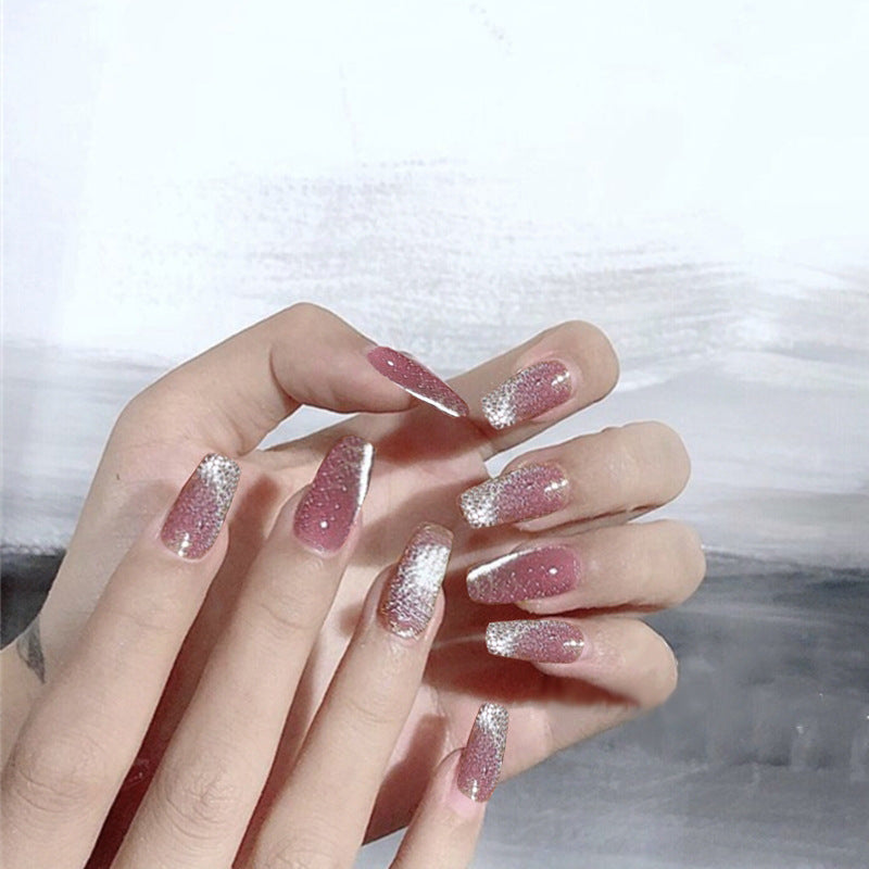 Starry Night Glitter Glamour Medium Coffin Pink Silver Ombre Press On Nail Set with Sparkling Finish