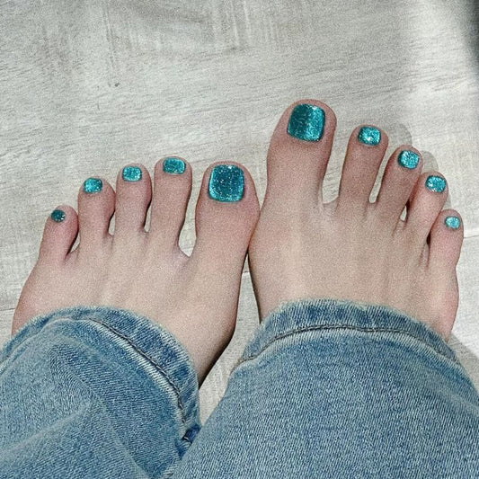 Ocean Bliss Extra Short Round Teal Glitter Press On Toenail Set with Durable Adhesive