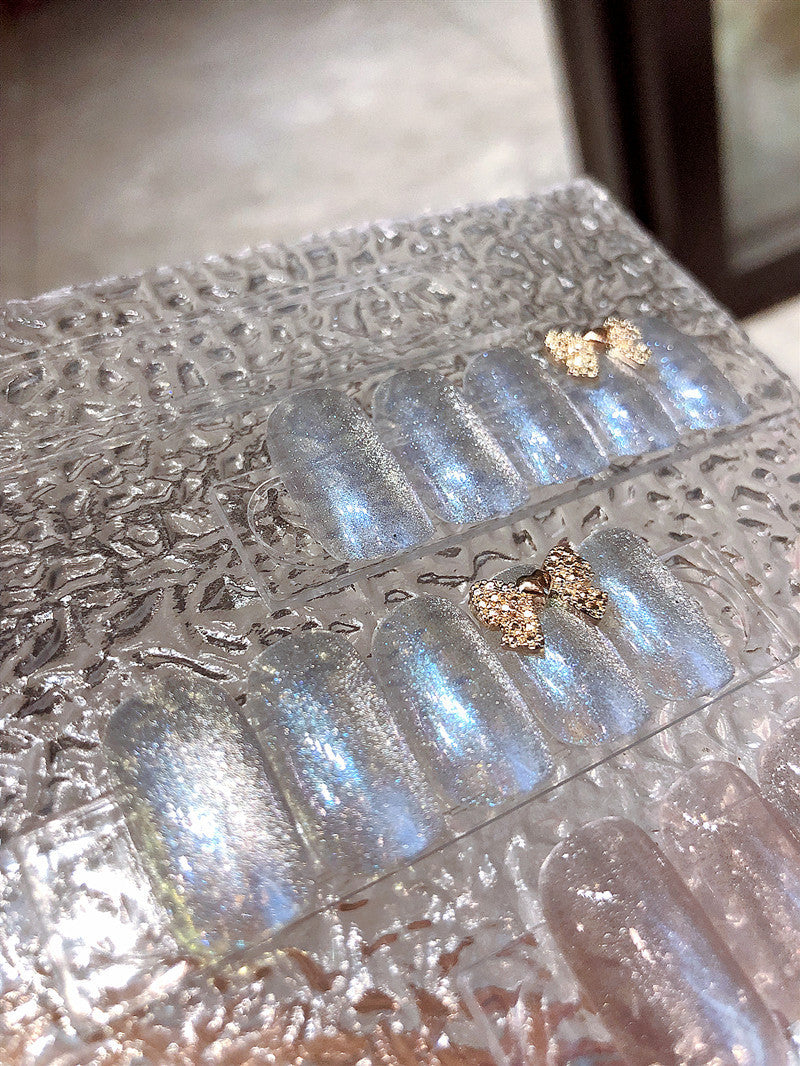 Starry Night Medium Squoval Blue Holographic Press On Nails with Gold Flake Accents