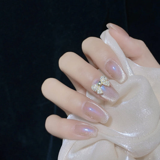 Elegant Bridal Collection Medium Length Square Shaped Iridescent Press On Toenail Set with Sparkling Bow Accent