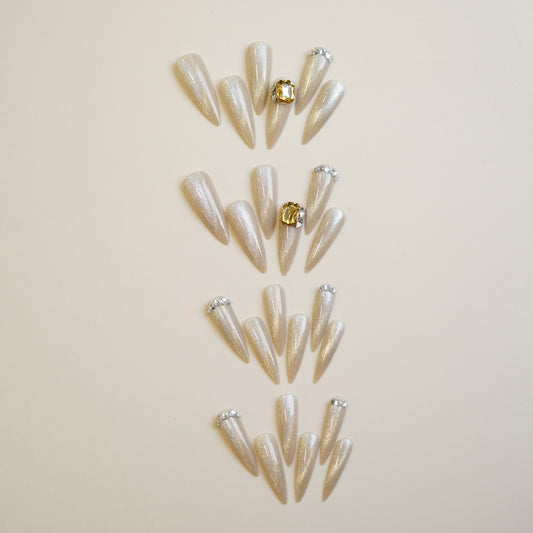 Glistening Stardust Long Stiletto Press On Nails in Sparkling Cream with Crystal Accents