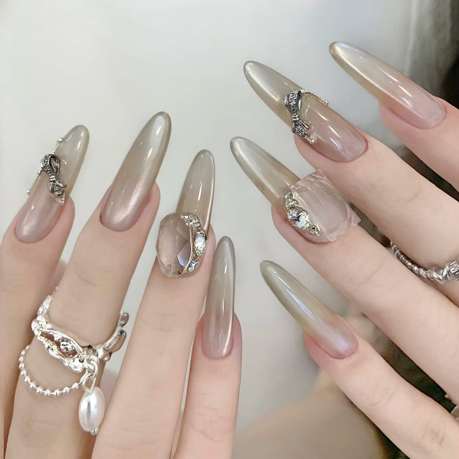 Glamorous Elegance Almond Shaped Long Ombre Press On Nail Set with Stunning Jewel Accents