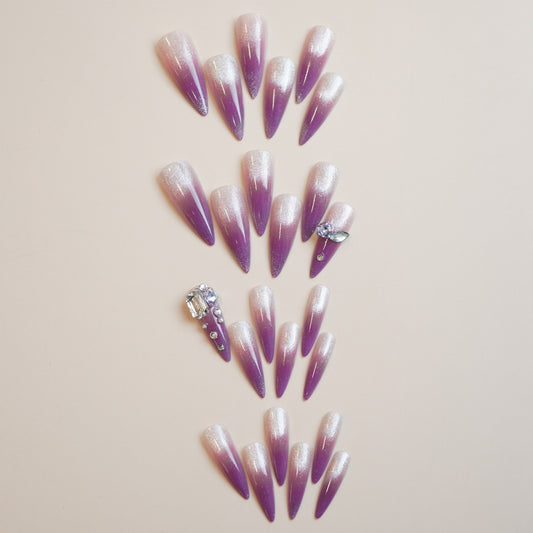 Enchanting Elegance Long Almond Ombre Purple with Dazzling Rhinestone Accents Press On Nail Set