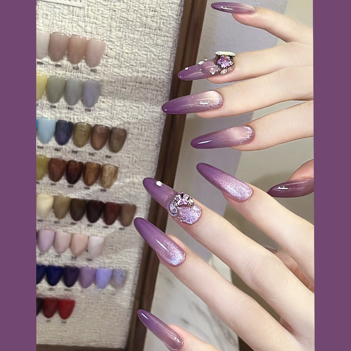 Charming Elegance Long Almond Purple Ombre Nails with Glitter and Gemstone Accent