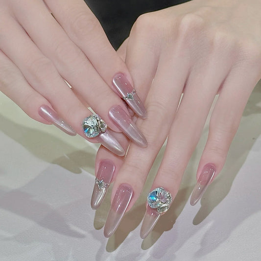Glamorous Chic Long Almond Gradient Pink Press-On Nail Set with Stunning Rhinestone Accents