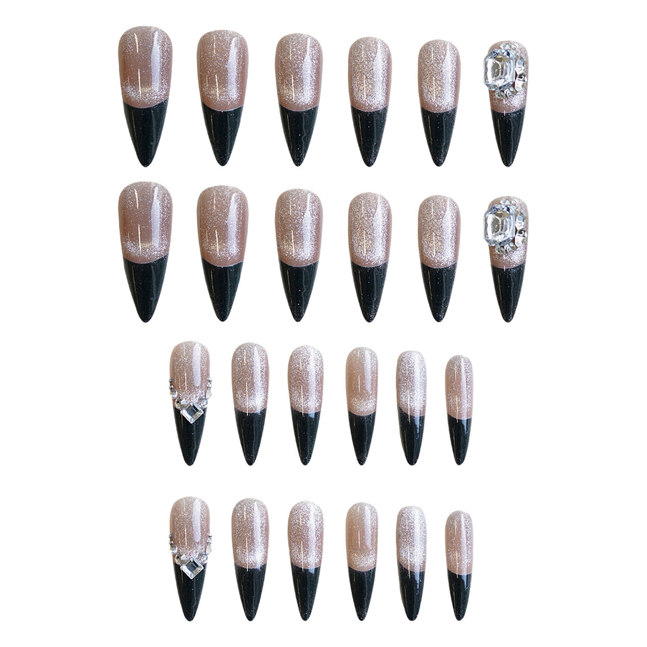 Glamorous Nightfall Long Almond Shaped Beige and Black Press on Nail Set with Sparkling Accent Gems