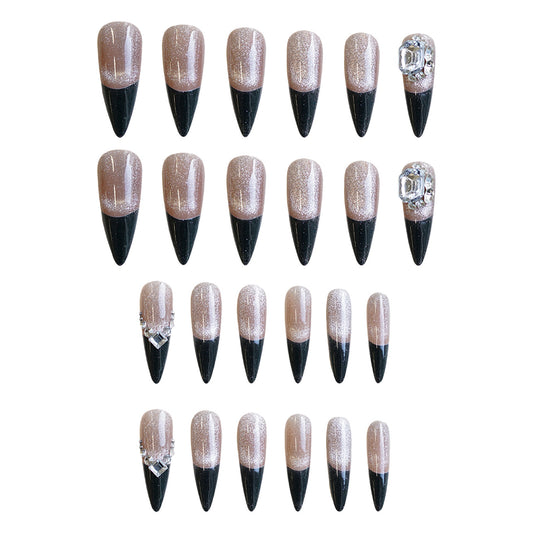 Glamorous Nightfall Long Almond Shaped Beige and Black Press on Nail Set with Sparkling Accent Gems