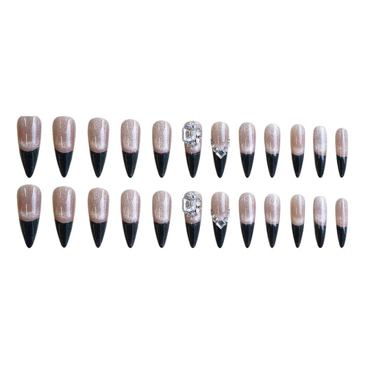 Glamorous Nightfall Long Almond Press On Nails in Ombre Beige and Black with Accent Gems