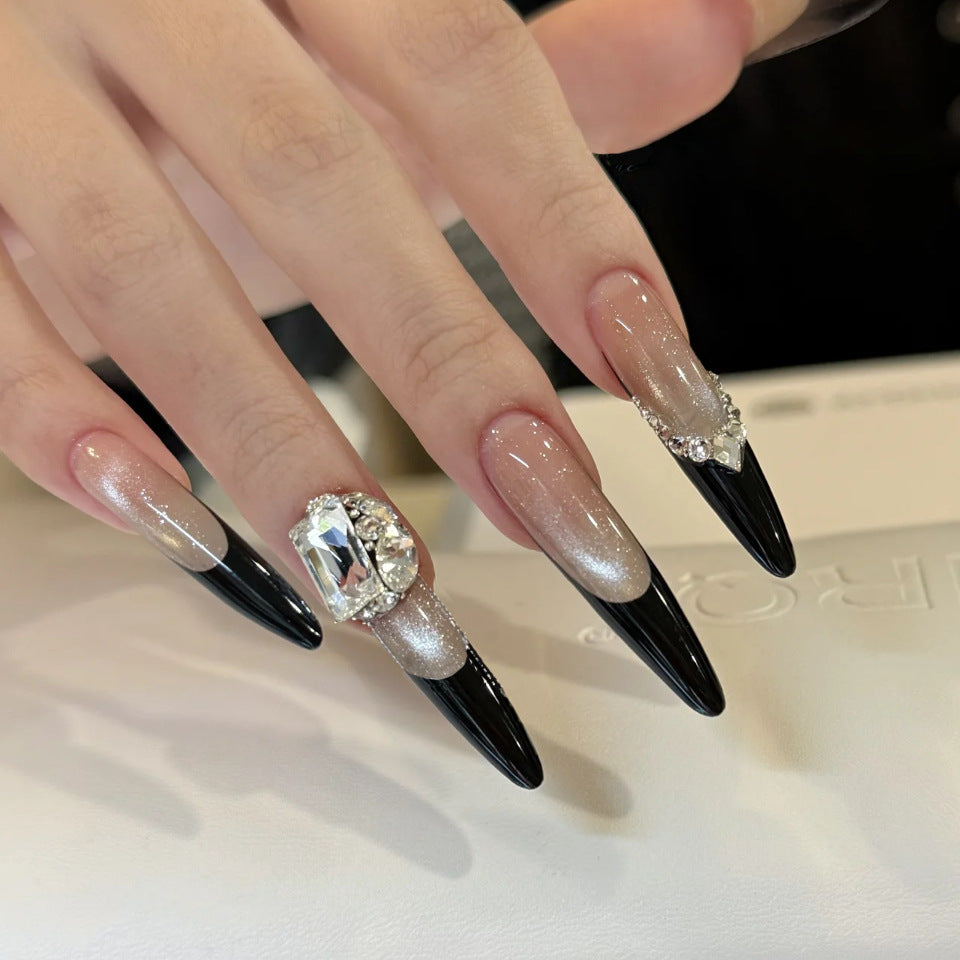 Glamorous Edge Black and Ombre Long Almond Press-On Nails with Dazzling Rhinestone Accent