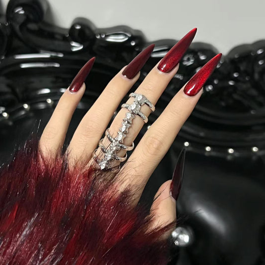 Gothic Glamour Long Almond Burgundy Press On Nail Set with Stunning Shimmering Finish