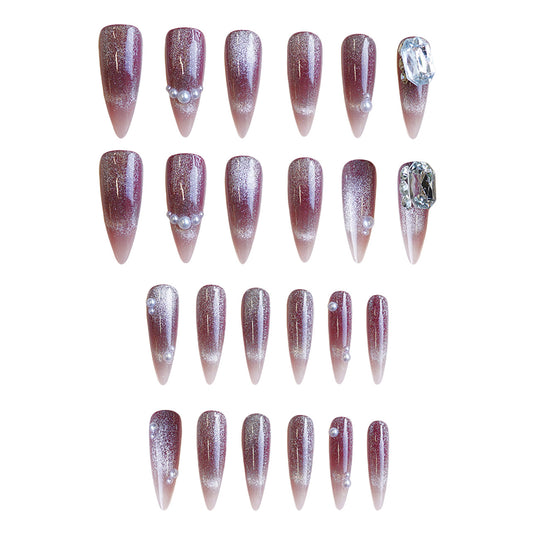 Glamorous Elegance Long Almond Shaped Ombre Pink Press On Nail Set with Pearl Accents and Sparkling Gems