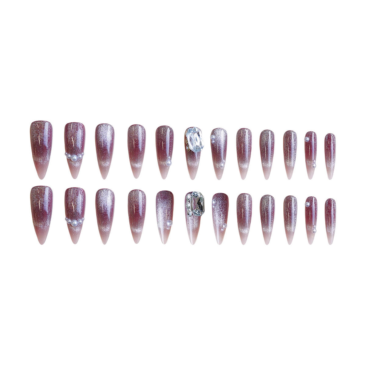 Glamorous Twilight Medium Almond Shape Burgundy Gradient Press On Nail Set with Glittering Accents