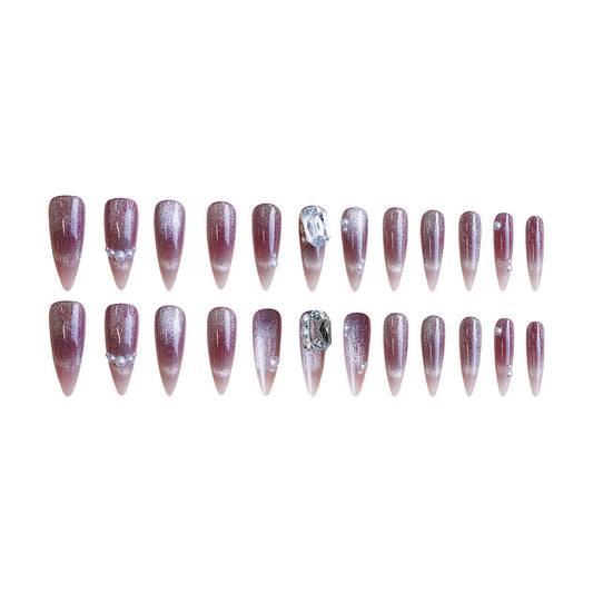 Glamorous Twilight Medium Almond Shape Burgundy Gradient Press On Nail Set with Glittering Accents
