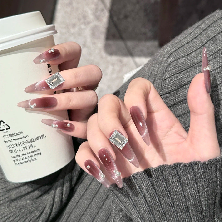 Glamorous Elegance Long Oval Gradient Ombre Pink with Stunning Rhinestone Accents Press On Nail Set