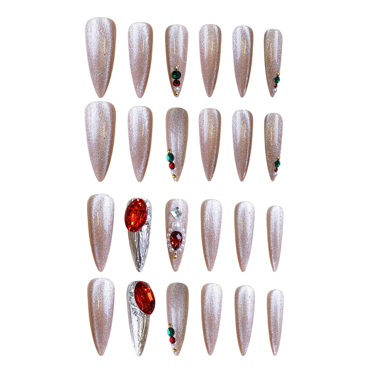 Holiday Glamour Long Stiletto Rose Gold Nails with Sparkling Gem Accents