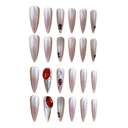 Holiday Glamour Long Stiletto Rose Gold Nails with Sparkling Gem Accents