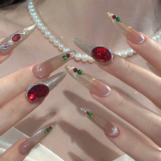 Glamorous Holiday Spirit Long Stiletto Shimmering Beige with Intricate Gemstone Accents Press-On Nail Set