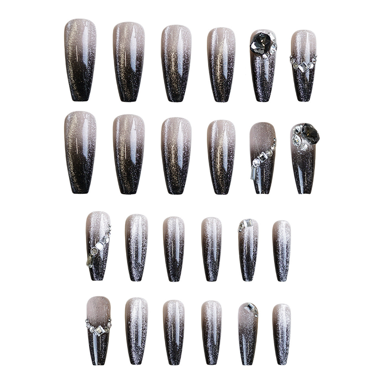 Glamorous Stardust Ombre Long Coffin Gradient Glitter Finish with Crystal Accents Press on Nail Set