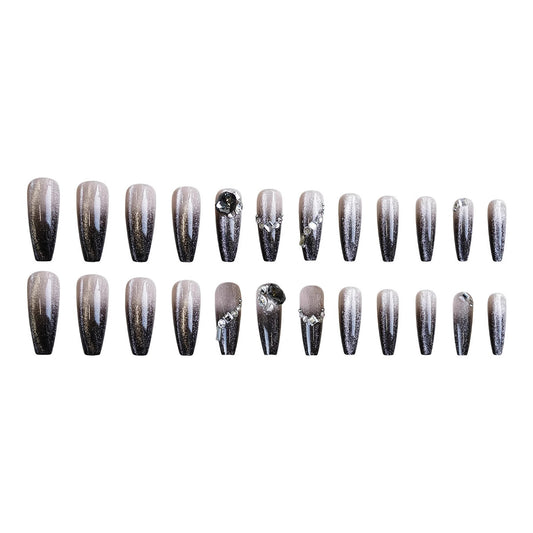 Glamorous Nightfall Long Coffin Gray Ombre Nail Set with Sparkling Rhinestone Accents