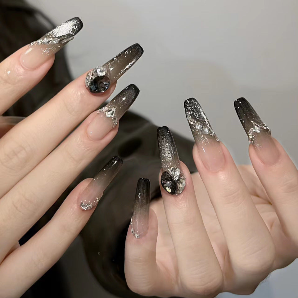 Glamorous Midnight Elegance Long Coffin Black Ombre Nails with Stunning Gemstone Accents