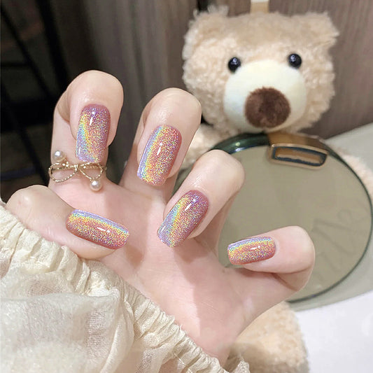 Elegant Unicorn Sparkle Long Square Holographic Glitter Press On Nail Set for Glamorous Manicure