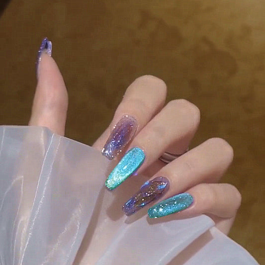 Enchanted Mermaid Long Coffin Multicolor Glitter Press On Nail Set with Holographic Accents