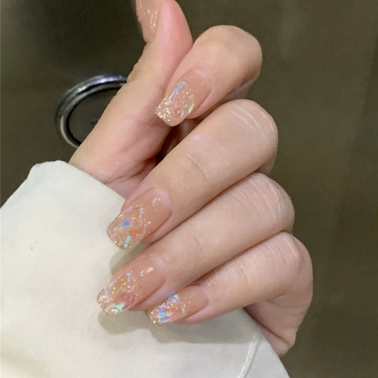 Enchanted Sparkle Medium-Length Square-Shaped Beige Press On Nails with Holographic Glitter Accents