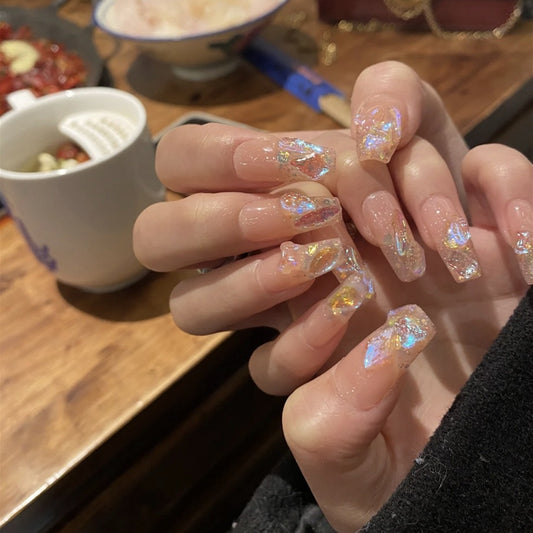 Enchanted Sparkle Long Coffin Beige Press On Nails with Iridescent Glitter Accents