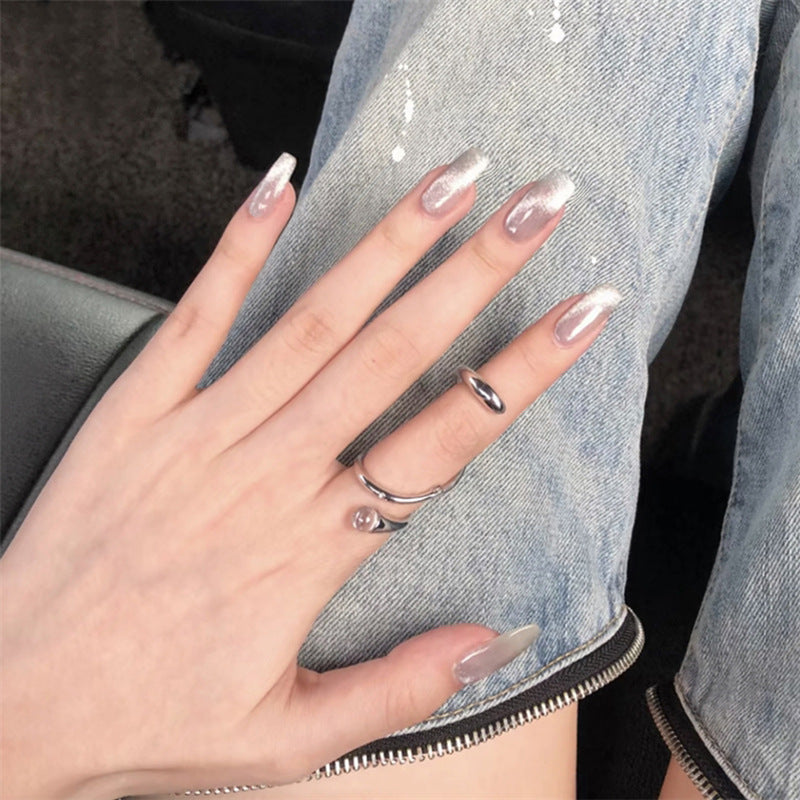 Enchanted Evening Long Coffin-Shaped Silvery Pink Press On Nail Set with Glitter Accent