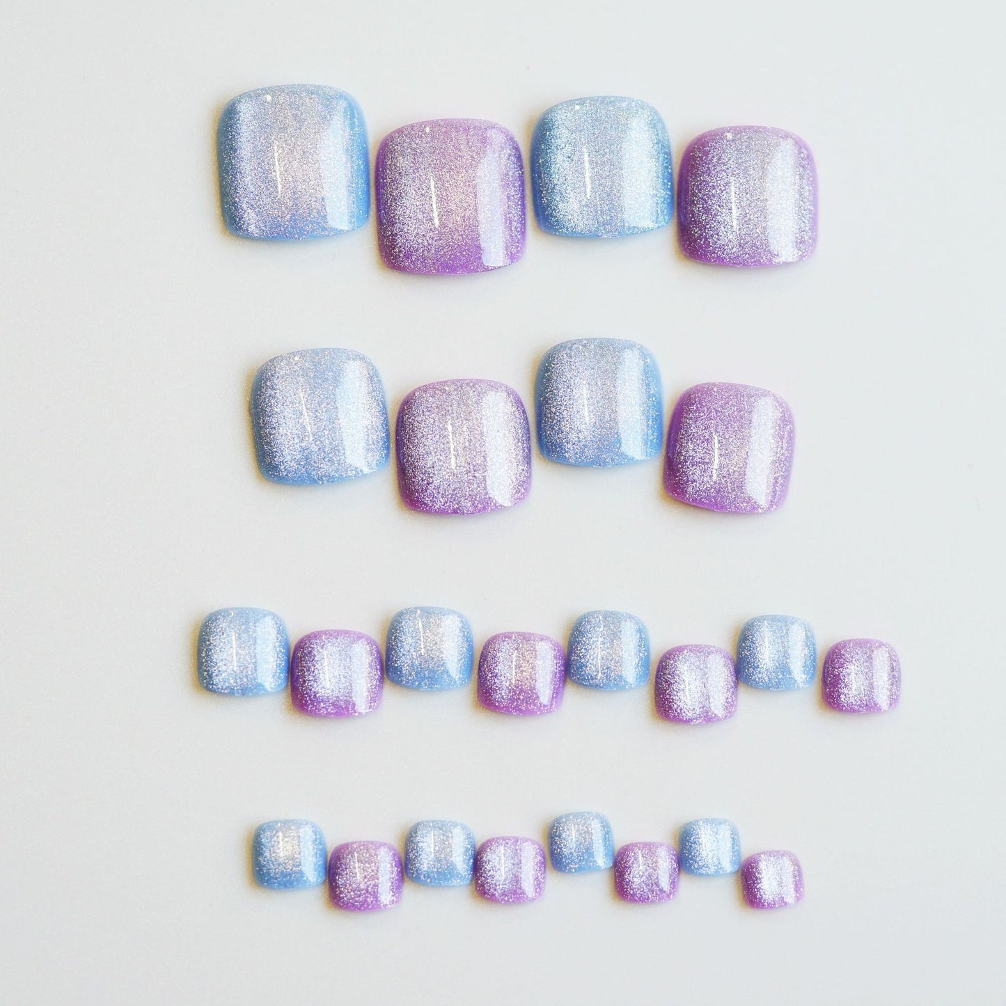 Whimsical Ombre Short Square Press On Toenail Set Short Glittering Blue and Purple Gradient Finish