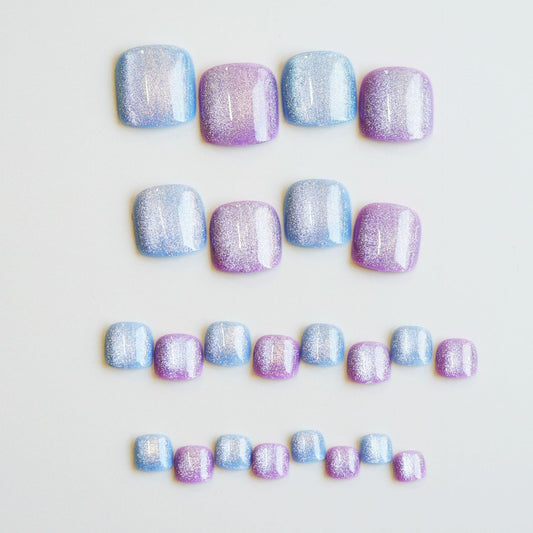 Whimsical Ombre Short Square Press On Toenail Set Short Glittering Blue and Purple Gradient Finish