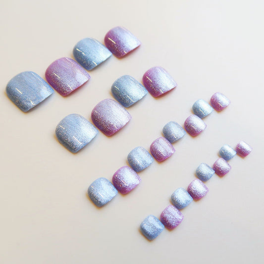 Celestial Dreams Short Square Ombre Blue and Purple with Shimmering Finish Press On Toenail Set