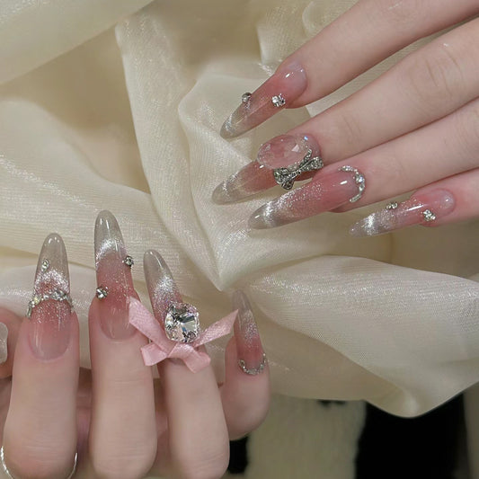 Glamourous Elegance Long Almond Shaped Transparent Pink and Silver Ombre Press On Nail Set with Rhinestone Accents